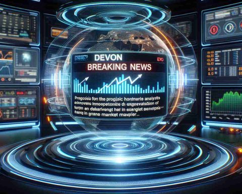 Visualize a breaking news scenario related to energy markets. The headlines flash on a futuristic holographic display, revealing an extravagant twist for a renowned energy company, Devon Energy. The prognosis from the market analysts is surprising and unexpected, showcasing a drastic change in market behavior. The scene embodies the complexity and dynamics of the global energy marketplace. Render this scene in high definition with realistic elements.