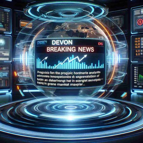 Visualize a breaking news scenario related to energy markets. The headlines flash on a futuristic holographic display, revealing an extravagant twist for a renowned energy company, Devon Energy. The prognosis from the market analysts is surprising and unexpected, showcasing a drastic change in market behavior. The scene embodies the complexity and dynamics of the global energy marketplace. Render this scene in high definition with realistic elements.