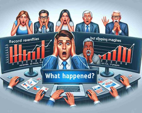 Create a realistic, high-definition illustration representing the concept of investor shock. The image includes surprised looking individuals, presumably investors, looking at screens showing charts with record revenues, but slipping margins. In addition, embed the question 'What Happened?' in a noticeable, but non-distracting area of the illustration.