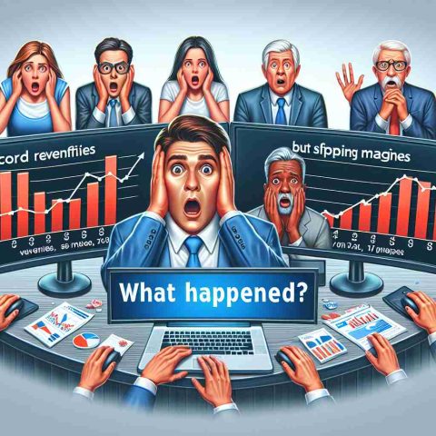 Create a realistic, high-definition illustration representing the concept of investor shock. The image includes surprised looking individuals, presumably investors, looking at screens showing charts with record revenues, but slipping margins. In addition, embed the question 'What Happened?' in a noticeable, but non-distracting area of the illustration.