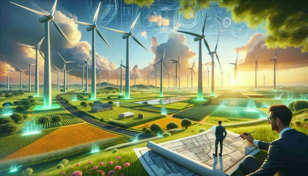 An impactful and realistic rendering depicting a greener future driven by wind energy investment. This vibrant scene illustrates sprawling fields dotted with towering wind turbines, their blades spinning gently in the breeze. Cutting-edge technology interfaces with raw nature, reinforcing a future where renewable energy coexists harmoniously with our environment. The foreground shows investors examining blueprints, a symbol of the investment into this future. Meanwhile, the background blossoms with vibrant greenery under a crystal clear sky - a testament to the thriving ecosystems made possible via sustainable practices.