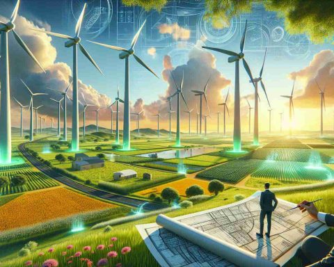 An impactful and realistic rendering depicting a greener future driven by wind energy investment. This vibrant scene illustrates sprawling fields dotted with towering wind turbines, their blades spinning gently in the breeze. Cutting-edge technology interfaces with raw nature, reinforcing a future where renewable energy coexists harmoniously with our environment. The foreground shows investors examining blueprints, a symbol of the investment into this future. Meanwhile, the background blossoms with vibrant greenery under a crystal clear sky - a testament to the thriving ecosystems made possible via sustainable practices.