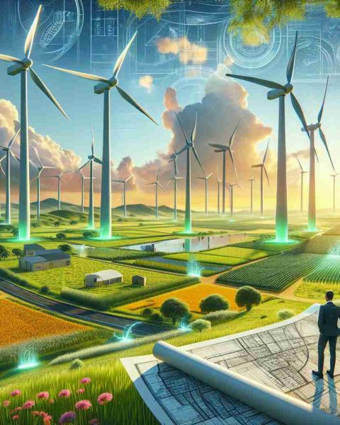 An impactful and realistic rendering depicting a greener future driven by wind energy investment. This vibrant scene illustrates sprawling fields dotted with towering wind turbines, their blades spinning gently in the breeze. Cutting-edge technology interfaces with raw nature, reinforcing a future where renewable energy coexists harmoniously with our environment. The foreground shows investors examining blueprints, a symbol of the investment into this future. Meanwhile, the background blossoms with vibrant greenery under a crystal clear sky - a testament to the thriving ecosystems made possible via sustainable practices.