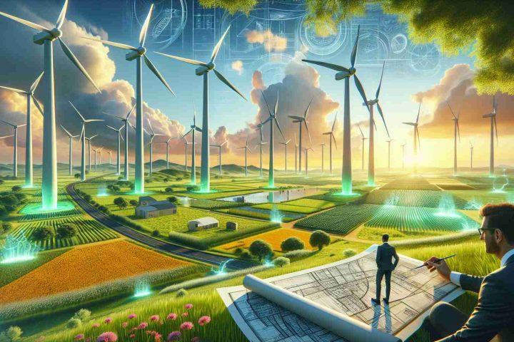 An impactful and realistic rendering depicting a greener future driven by wind energy investment. This vibrant scene illustrates sprawling fields dotted with towering wind turbines, their blades spinning gently in the breeze. Cutting-edge technology interfaces with raw nature, reinforcing a future where renewable energy coexists harmoniously with our environment. The foreground shows investors examining blueprints, a symbol of the investment into this future. Meanwhile, the background blossoms with vibrant greenery under a crystal clear sky - a testament to the thriving ecosystems made possible via sustainable practices.