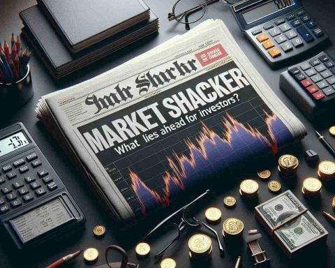 Render a high-definition, realistic image featuring a newspaper headline that reads 'Market Shocker: Gain or Pain? What Lies Ahead for Investors?' The scene should convey a sense of suspense and uncertainty about the future of the market. It can include items commonly associated with financial investment, such as stock charts, stacks of coins, calculators, and eyeglasses. Consider using a combination of close-ups and wide shots to create a powerful contrast.