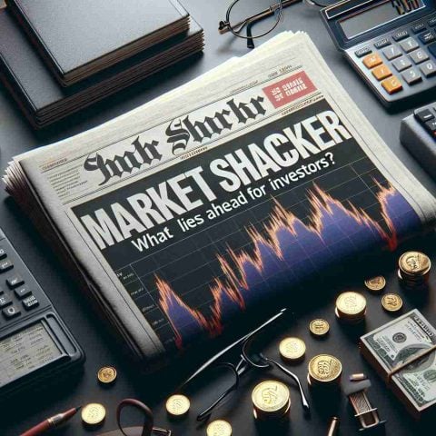 Render a high-definition, realistic image featuring a newspaper headline that reads 'Market Shocker: Gain or Pain? What Lies Ahead for Investors?' The scene should convey a sense of suspense and uncertainty about the future of the market. It can include items commonly associated with financial investment, such as stock charts, stacks of coins, calculators, and eyeglasses. Consider using a combination of close-ups and wide shots to create a powerful contrast.