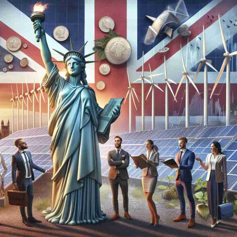 Generate a realistic high-definition image that represents the concept of renewable energy investors showing interest in the United Kingdom. This could include symbols such as clean energy turbines or solar panels located in UK landscapes, perhaps Britannia, the personification of the UK, holding the sustainable power sources. Also, portray a diverse group of well-dressed investors, composed of a Hispanic woman, a Caucasian man, a black woman, and a Middle-Eastern man, possibly viewing a map or pointing at a solar panel. Add elements such as British pounds or stock market graphs to signify investment. Ensure to create an overall optimistic and prosperous mood.