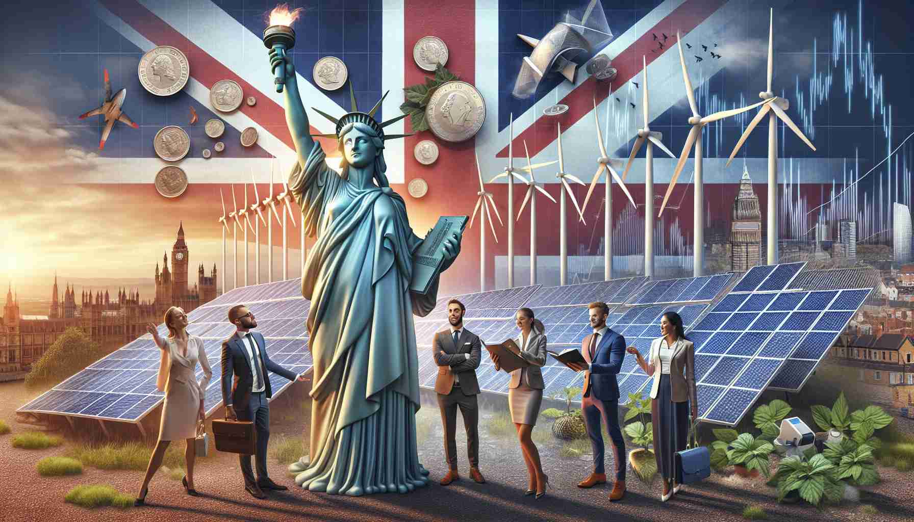 Generate a realistic high-definition image that represents the concept of renewable energy investors showing interest in the United Kingdom. This could include symbols such as clean energy turbines or solar panels located in UK landscapes, perhaps Britannia, the personification of the UK, holding the sustainable power sources. Also, portray a diverse group of well-dressed investors, composed of a Hispanic woman, a Caucasian man, a black woman, and a Middle-Eastern man, possibly viewing a map or pointing at a solar panel. Add elements such as British pounds or stock market graphs to signify investment. Ensure to create an overall optimistic and prosperous mood.