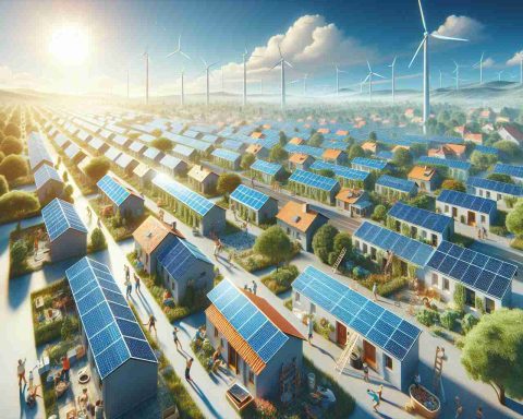 Realistic high-definition image that encapsulates the concept of 'The Silent Revolution'. It shows how solar power innovations are dramatically transforming communities. Picture a bright sunny day with solar panels installed on the rooftops of different types of buildings - homes, schools, and offices across a mixed urban and rural landscape. People of diverse descents and genders are working together, installing these solar panels, or enjoying the shaded spaces created by them. Some trees are scattered around, and a wind turbine can be seen in the distance, highlighting the embrace of renewable energy. The sky is a clear blue and the sun is shining brightly, symbolizing the source of this transformative power.