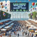 A high-definition, realistic imagery showcasing a conceptual representation of clean energy stocks revolution today. The scene shows a busy marketplace filled with stalls symbolizing different clean energy resources like wind turbines, solar panels, tidal energy, etc. Traders are represented by a variety of people from diverse descents (Caucasian, South-Asian, Hispanic, etc.). Prices are soaring sky high represented by the baloon filled sky filled and the upbeat environment. A digital billboard displays the title 'Clean Energy Revolution in Market Today'.