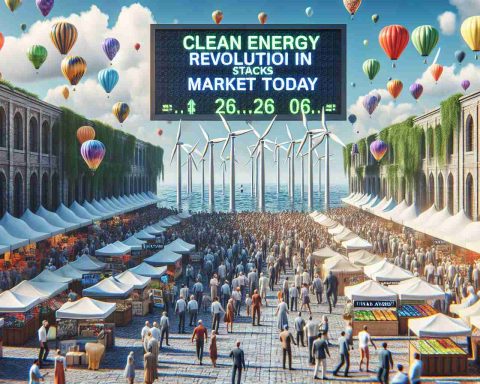 A high-definition, realistic imagery showcasing a conceptual representation of clean energy stocks revolution today. The scene shows a busy marketplace filled with stalls symbolizing different clean energy resources like wind turbines, solar panels, tidal energy, etc. Traders are represented by a variety of people from diverse descents (Caucasian, South-Asian, Hispanic, etc.). Prices are soaring sky high represented by the baloon filled sky filled and the upbeat environment. A digital billboard displays the title 'Clean Energy Revolution in Market Today'.