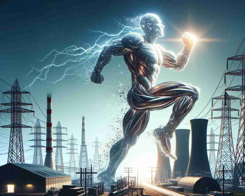 Generate a realistic, high-definition image that portrays a metaphorical representation of a power move by an energy giant, indicating a bold leap forward. The image can include symbolic elements such as industry-specific infrastructures, a giant figure made of pure energy making a significant, bold step, while demonstrating a powerful and progressive move that would metaphorically blow minds of the viewers.