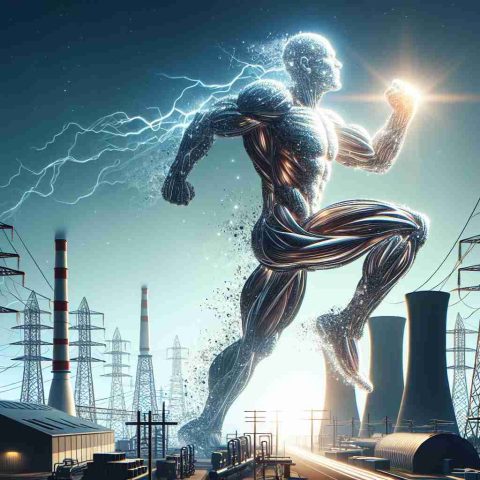 Generate a realistic, high-definition image that portrays a metaphorical representation of a power move by an energy giant, indicating a bold leap forward. The image can include symbolic elements such as industry-specific infrastructures, a giant figure made of pure energy making a significant, bold step, while demonstrating a powerful and progressive move that would metaphorically blow minds of the viewers.