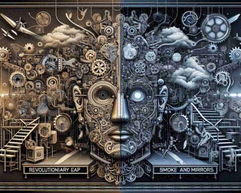 An intricately detailed, high-definition image of artificial intelligence, depicting a juxtaposition of two scenarios. One half visually represents a revolutionary leap in technology, with intricate gears, circuits and futuristic robotic elements highlighting advances. The other half contains an image of a vintage smoke and mirror setup, alluding to illusion and trickery, implying skepticism about the advances. Please include phrases like 'Revolutionary Leap' and 'Smoke and Mirrors' written across each respective side.