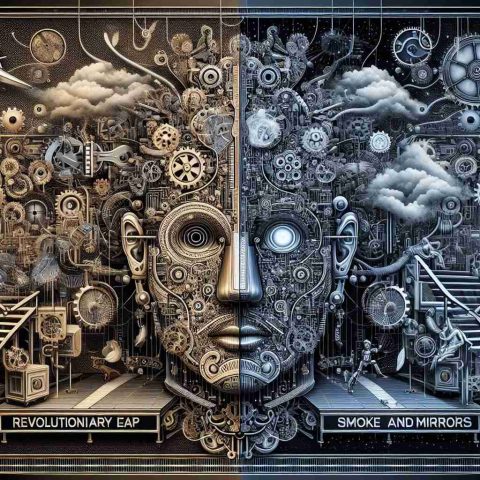 An intricately detailed, high-definition image of artificial intelligence, depicting a juxtaposition of two scenarios. One half visually represents a revolutionary leap in technology, with intricate gears, circuits and futuristic robotic elements highlighting advances. The other half contains an image of a vintage smoke and mirror setup, alluding to illusion and trickery, implying skepticism about the advances. Please include phrases like 'Revolutionary Leap' and 'Smoke and Mirrors' written across each respective side.