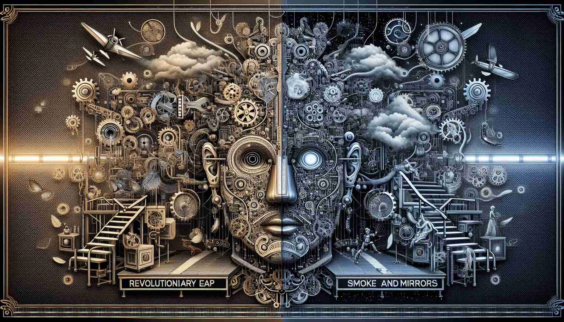 An intricately detailed, high-definition image of artificial intelligence, depicting a juxtaposition of two scenarios. One half visually represents a revolutionary leap in technology, with intricate gears, circuits and futuristic robotic elements highlighting advances. The other half contains an image of a vintage smoke and mirror setup, alluding to illusion and trickery, implying skepticism about the advances. Please include phrases like 'Revolutionary Leap' and 'Smoke and Mirrors' written across each respective side.