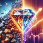 Generate a realistic high-definition image representing the concept 'Diamond in the Rough.' On one side of the picture, show a fully formed, luminous diamond half buried in rough, uncut stones. In contrast, on the other side depict a stock market chart with an arrow symbolizing a particular stock outperforming its competitors. Use a gradient transition to merge both scenes seamlessly. Employ vivid colors to signify the prosperity and potential of the diamond and the stock respectively.