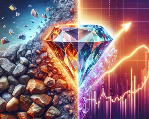 Generate a realistic high-definition image representing the concept 'Diamond in the Rough.' On one side of the picture, show a fully formed, luminous diamond half buried in rough, uncut stones. In contrast, on the other side depict a stock market chart with an arrow symbolizing a particular stock outperforming its competitors. Use a gradient transition to merge both scenes seamlessly. Employ vivid colors to signify the prosperity and potential of the diamond and the stock respectively.