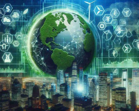 Generate a highly detailed and realistic image conceptually representing the economic transformations brought about by green energy stocks. The image could feature a futuristic-looking stock market display with stocks related to green energy drastically increasing in value, a globe covered in green to signify the rise of sustainable energy. Additionally, include symbols of various sectors that are impacted by the rise of green energy like manufacturing, transportation, and agriculture. City skylines powered by green energy could also be part of the image to show societal progress. Make sure the details in the photo are HD quality.