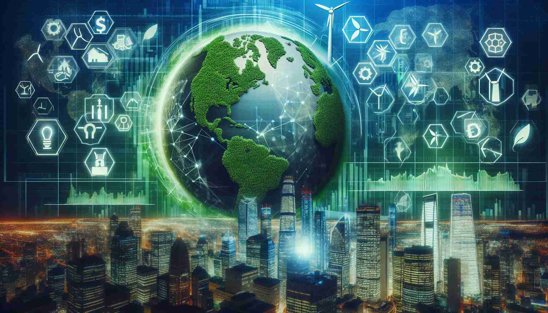 Generate a highly detailed and realistic image conceptually representing the economic transformations brought about by green energy stocks. The image could feature a futuristic-looking stock market display with stocks related to green energy drastically increasing in value, a globe covered in green to signify the rise of sustainable energy. Additionally, include symbols of various sectors that are impacted by the rise of green energy like manufacturing, transportation, and agriculture. City skylines powered by green energy could also be part of the image to show societal progress. Make sure the details in the photo are HD quality.