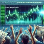 An ultra-high-definition realistic image depicting the scenario of a stock market rally. Visualize a screen showcasing green candlestick charts, symbolizing an unexpected surge in a cryptocurrency exchange's stock. Include flashes of excited traders reacting to the positive change, with newspaper headlines flashing 'Unexpected Rally' in the background.