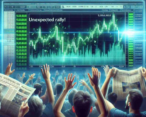 An ultra-high-definition realistic image depicting the scenario of a stock market rally. Visualize a screen showcasing green candlestick charts, symbolizing an unexpected surge in a cryptocurrency exchange's stock. Include flashes of excited traders reacting to the positive change, with newspaper headlines flashing 'Unexpected Rally' in the background.