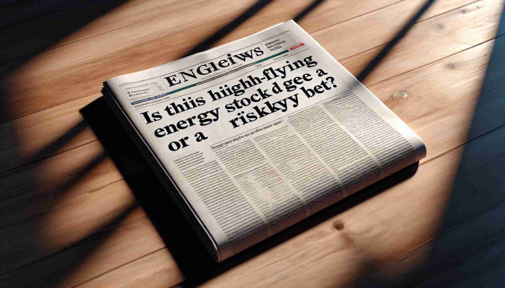 Realistic high-definition image of an open newspaper presenting a headline that reads 'Is This High-Flying Energy Stock a Hidden Gem or a Risky Bet?' The paper is resting on a wooden table with sunlight subtly illuminating it. The newspaper should be shown in clear focus with the crisp print of text and columns below. Light and shadow should play across the table and the paper drawing a focus to the headline in question.