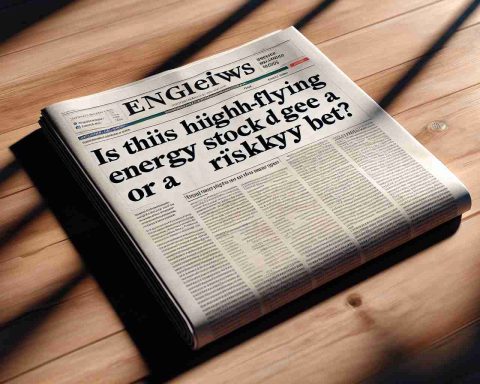 Realistic high-definition image of an open newspaper presenting a headline that reads 'Is This High-Flying Energy Stock a Hidden Gem or a Risky Bet?' The paper is resting on a wooden table with sunlight subtly illuminating it. The newspaper should be shown in clear focus with the crisp print of text and columns below. Light and shadow should play across the table and the paper drawing a focus to the headline in question.