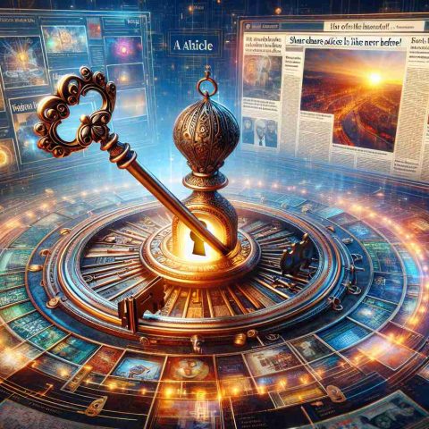 An image that symbolically represents the concept of 'Unlock the Secret! Share Articles Like Never Before'. This could include a grand, intricately detailed, antique key poised just before entering an ornate, old-fashioned lock that's placed on a brightly glowing digital screen displaying a collage of news article headlines. The setting is modern with elements of advanced technology visible in the background, signifying the merger of tradition and innovation. The ambiance is vibrant and promising, indicating the unique, ground-breaking method of sharing articles.