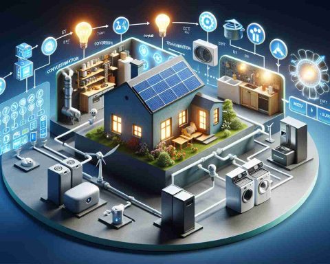 A high-definition, realistic diagram demonstrating the concept of 9 Energy. This could include an infographic, showcasing the process from source to power consumption, highlighting different stages like conversion, transmission, and usage. Alternatively, it could be a representation of a household with various appliances and how 9 energy impacts their electricity usage, potentially resulting in efficiency and savings.