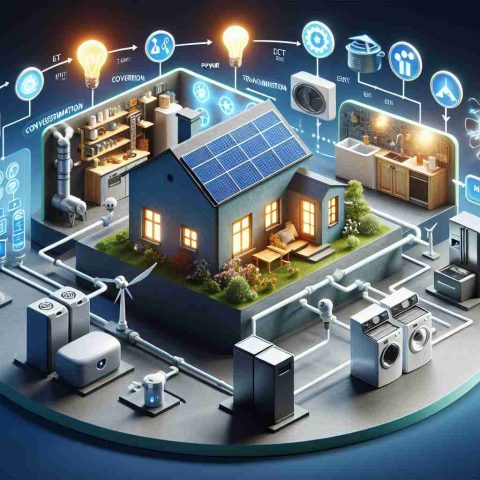 A high-definition, realistic diagram demonstrating the concept of 9 Energy. This could include an infographic, showcasing the process from source to power consumption, highlighting different stages like conversion, transmission, and usage. Alternatively, it could be a representation of a household with various appliances and how 9 energy impacts their electricity usage, potentially resulting in efficiency and savings.