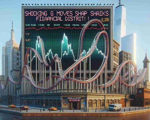 Create a highly detailed, realistic 3D render of a roller coaster designed to look like a graph depicting the ups and downs of the stock market. The roller coaster should be positioned against a background representing a financial district with towering skyscrapers and billboards displaying stock market numbers. Please include headlines in the digital billboards like 'Shocking moves shake financial district!' implying recent dramatic shifts in the stock market.