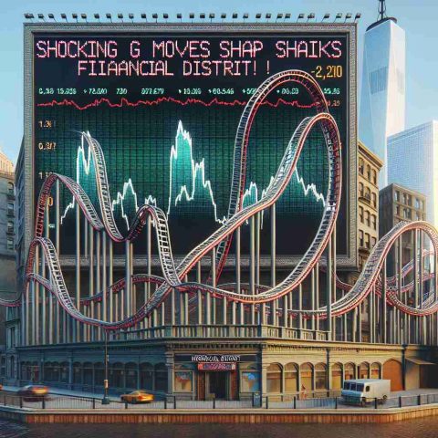 Create a highly detailed, realistic 3D render of a roller coaster designed to look like a graph depicting the ups and downs of the stock market. The roller coaster should be positioned against a background representing a financial district with towering skyscrapers and billboards displaying stock market numbers. Please include headlines in the digital billboards like 'Shocking moves shake financial district!' implying recent dramatic shifts in the stock market.