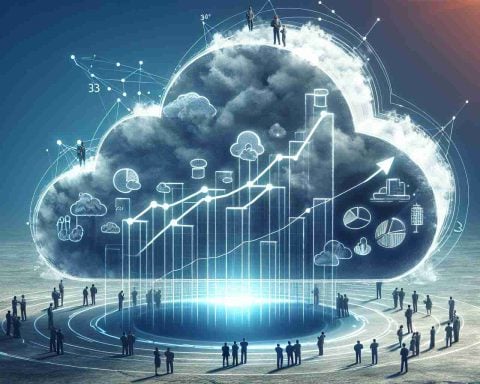 An HD illustration picturing the concept of a cloud software giant metaphorically preparing for unseen market heights. A large, towering cloud structure is depicted reaching towards the sky, representing the corporate entity. Embedded in the cloud, is a representation of strategic activities such as huddles of figures planning, outlines of graphs indicating predicted growth. This image is aimed to evoke the essence of the bold strategy behind the latest move of a fictional software company.