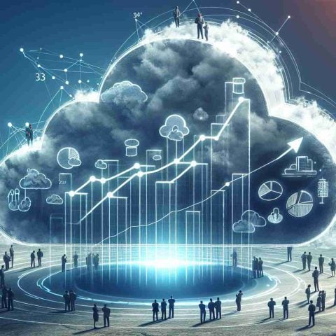 An HD illustration picturing the concept of a cloud software giant metaphorically preparing for unseen market heights. A large, towering cloud structure is depicted reaching towards the sky, representing the corporate entity. Embedded in the cloud, is a representation of strategic activities such as huddles of figures planning, outlines of graphs indicating predicted growth. This image is aimed to evoke the essence of the bold strategy behind the latest move of a fictional software company.