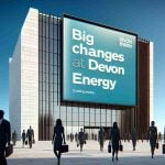 Realistic, high-definition image of a large architecture signage showcasing the text 'Big Changes at Devon Energy' under a clear blue sky. Alongside are silhouetted figures of various genders and descents in professional attire, symbolizing the dynamic movement and progress within the organization.