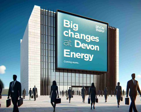 Realistic, high-definition image of a large architecture signage showcasing the text 'Big Changes at Devon Energy' under a clear blue sky. Alongside are silhouetted figures of various genders and descents in professional attire, symbolizing the dynamic movement and progress within the organization.