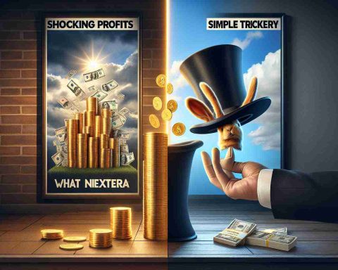 Create a realistic high-definition image composed of two contrasting sides. On one side, depict a visual metaphor for 'Shocking Profits': stacks of golden coins and cash alfresco under a bright sky, symbolizing flourishing success. On the other side, portray 'Simple Trickery': a gloved hand pulling a rabbit out of a hat in a dimly lit room, reflecting deception and slight of hand. In the center of the image, print in bold and dramatic letters:   'What NextEra Didn't Tell You'.