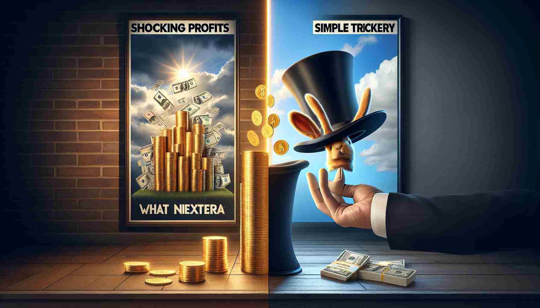 Create a realistic high-definition image composed of two contrasting sides. On one side, depict a visual metaphor for 'Shocking Profits': stacks of golden coins and cash alfresco under a bright sky, symbolizing flourishing success. On the other side, portray 'Simple Trickery': a gloved hand pulling a rabbit out of a hat in a dimly lit room, reflecting deception and slight of hand. In the center of the image, print in bold and dramatic letters:   'What NextEra Didn't Tell You'.