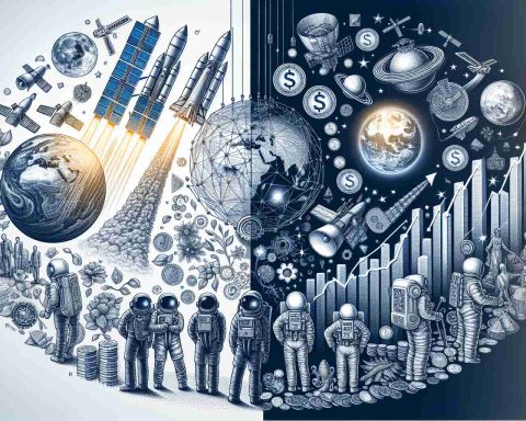 An intricate illustration showcasing the impact of a prominent space exploration company's success on the global economy. The scene could be split into two halves. The first half could show satellite launches, astronauts in high-tech suits, and advances in technology symbolizing progress. The second half could denote how this affects the world economy, with symbols such as upward trending graphs, coins, and economic icons to illustrate financial growth and prosperity.