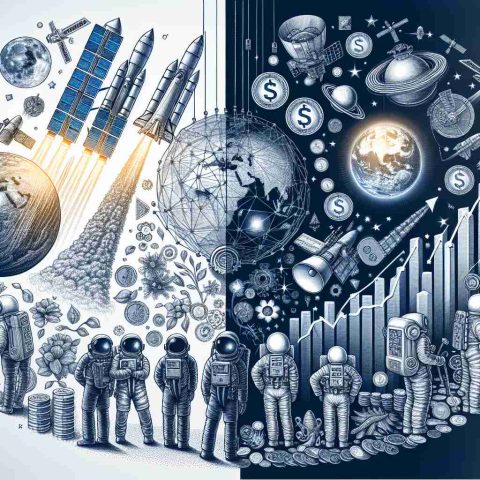 An intricate illustration showcasing the impact of a prominent space exploration company's success on the global economy. The scene could be split into two halves. The first half could show satellite launches, astronauts in high-tech suits, and advances in technology symbolizing progress. The second half could denote how this affects the world economy, with symbols such as upward trending graphs, coins, and economic icons to illustrate financial growth and prosperity.