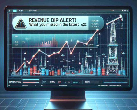 Generate an HD image of a digital alert notification on a computer screen. The alert should read 'Revenue Dip Alert! What You Missed in the Latest Oil & Gas Report'. The notification should be visually depicted to show a revenue decline with a downward trending graph. The background should have elements relating to the oil and gas industry such as drilling rigs, oil barrels or a gas pipeline, but in a subtler and non-dominant way.