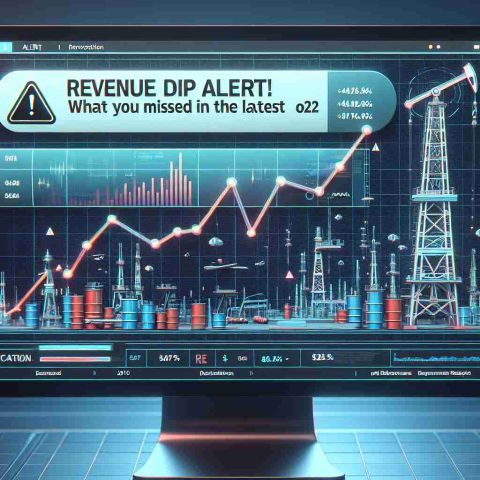 Generate an HD image of a digital alert notification on a computer screen. The alert should read 'Revenue Dip Alert! What You Missed in the Latest Oil & Gas Report'. The notification should be visually depicted to show a revenue decline with a downward trending graph. The background should have elements relating to the oil and gas industry such as drilling rigs, oil barrels or a gas pipeline, but in a subtler and non-dominant way.