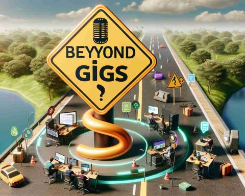 A high-definition realistic image depicting a surprising twist of a freelancing platform, symbolizing how it is going beyond the traditional aspect of gigs. This scene could include elements like a road sign with 'Beyond Gigs' written on it, users interacting with the platform on their computers, and innovative symbols to represent the surprising twist.