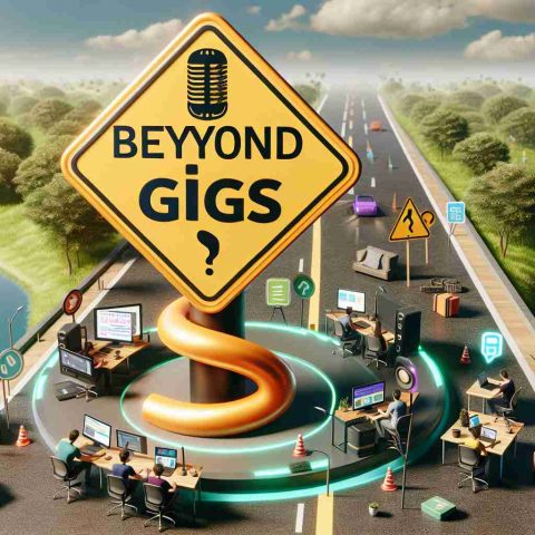 A high-definition realistic image depicting a surprising twist of a freelancing platform, symbolizing how it is going beyond the traditional aspect of gigs. This scene could include elements like a road sign with 'Beyond Gigs' written on it, users interacting with the platform on their computers, and innovative symbols to represent the surprising twist.