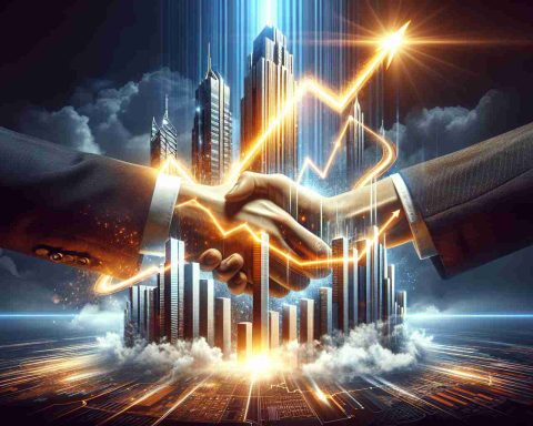 Realistic high-definition image of a symbolic representation of a significant business transaction shaking the energy sector. Convey excitement and anticipation surrounding the company's dramatic rise through visuals such as ascending graphs, intense light rays, handshake over a contract, and towering skyscrapers representing the company.