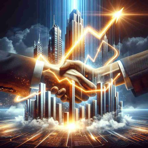 Realistic high-definition image of a symbolic representation of a significant business transaction shaking the energy sector. Convey excitement and anticipation surrounding the company's dramatic rise through visuals such as ascending graphs, intense light rays, handshake over a contract, and towering skyscrapers representing the company.