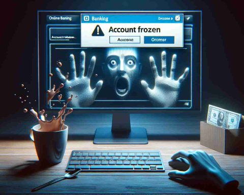 Render a revealing and unsettling image of a computer screen displaying an online banking interface, with a notification pop-up stating 'Account Frozen'. Incorporate elements of surprise and concern, such as a surprised face reflection in the screen and a cup of coffee spilling from a shocked hand. It should be in high-resolution, conveying the realism and mystery in the situation.