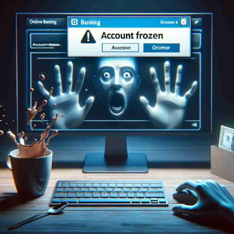 Render a revealing and unsettling image of a computer screen displaying an online banking interface, with a notification pop-up stating 'Account Frozen'. Incorporate elements of surprise and concern, such as a surprised face reflection in the screen and a cup of coffee spilling from a shocked hand. It should be in high-resolution, conveying the realism and mystery in the situation.