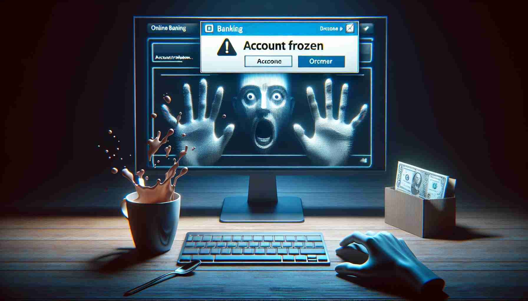 Render a revealing and unsettling image of a computer screen displaying an online banking interface, with a notification pop-up stating 'Account Frozen'. Incorporate elements of surprise and concern, such as a surprised face reflection in the screen and a cup of coffee spilling from a shocked hand. It should be in high-resolution, conveying the realism and mystery in the situation.